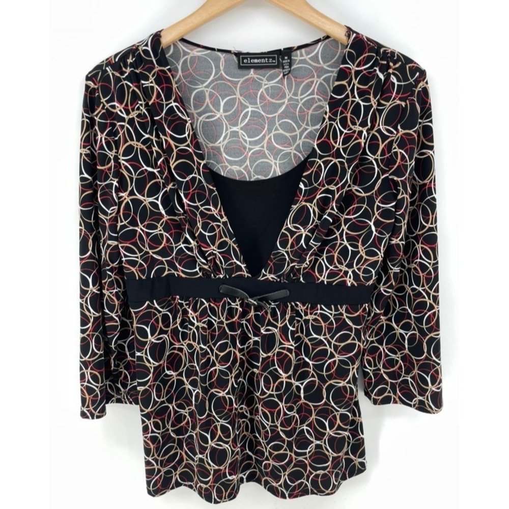 VTG‎ Womens Top Sz M Y2K Black Retro Abstract Tie Back Babydoll Grunge USA Made
